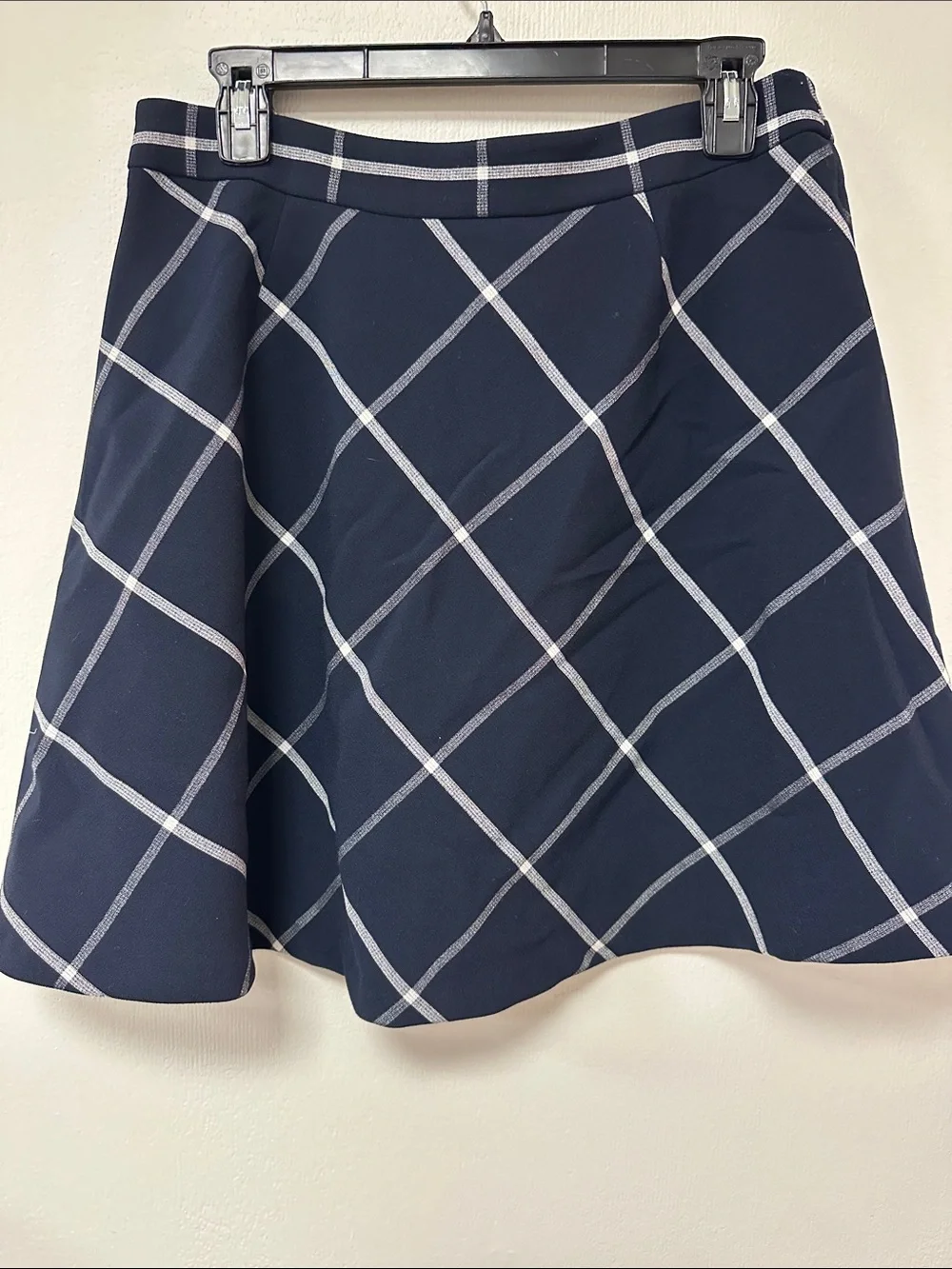 LOFT Navy Wool Lined Windowpane Skater Skirt